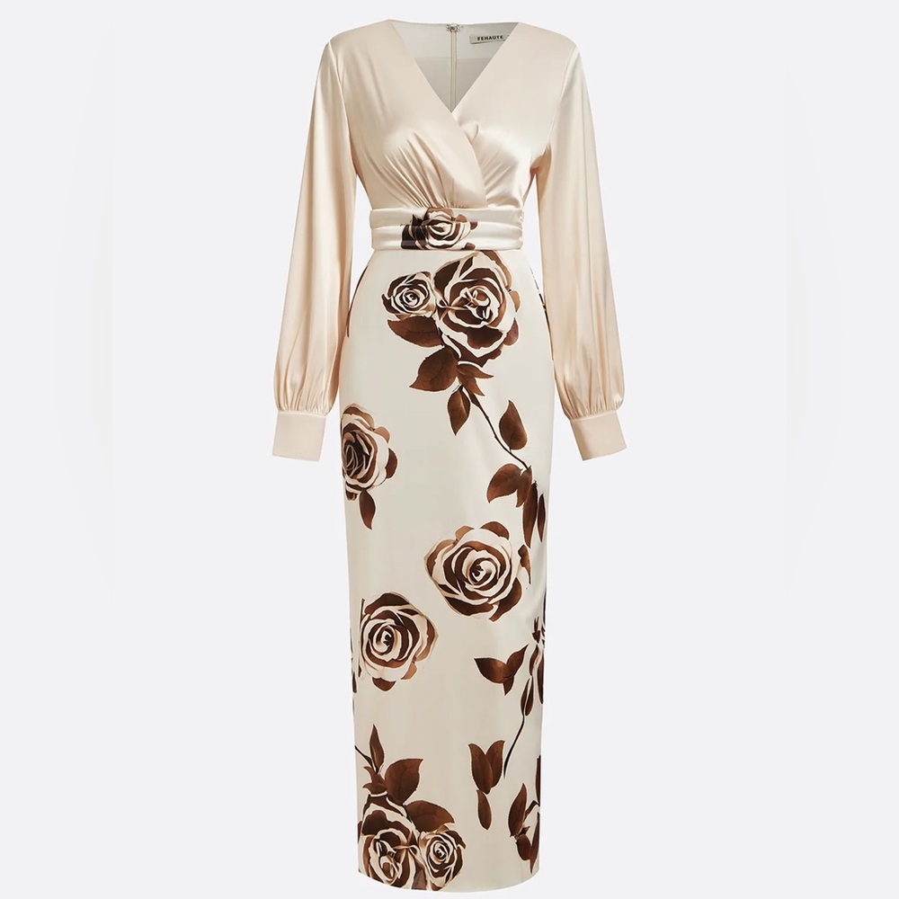 Fehaute Apricot Floral V Neck Long Puff‎ Sleeve Satin Sheath Maxi Satin Dress 14